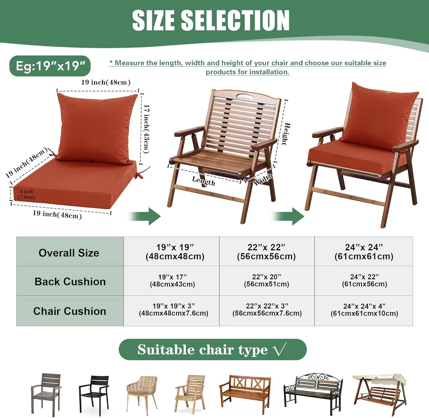Waterproof Patio Cushions for Outdoor Furniture, Fade Resistant Back Pillow and Seat Cushion Set for Couch Replacements, 19 x 19 Inch, Rust, 1 Set
