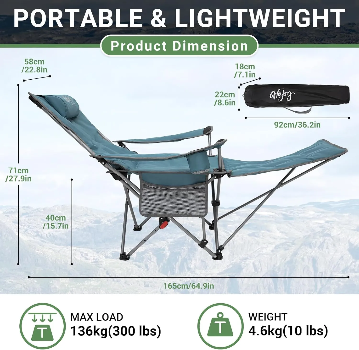 #WEJOY 2-in-1 Camping Chair Reclining, Lightweight Folding Camping Chair with Adjustable Backrest & Footrest, Camping Lounge Chair with Headrest, Cup Holder, Storage Bag, for Beach, Lawn, Concert