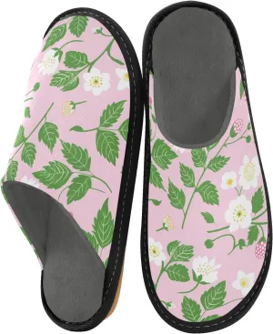 White Flower Green Leaf House Slippers, Non Slip Slippers for Women Men Warm Slippers House Shoes Indoor Outdoor Slippers