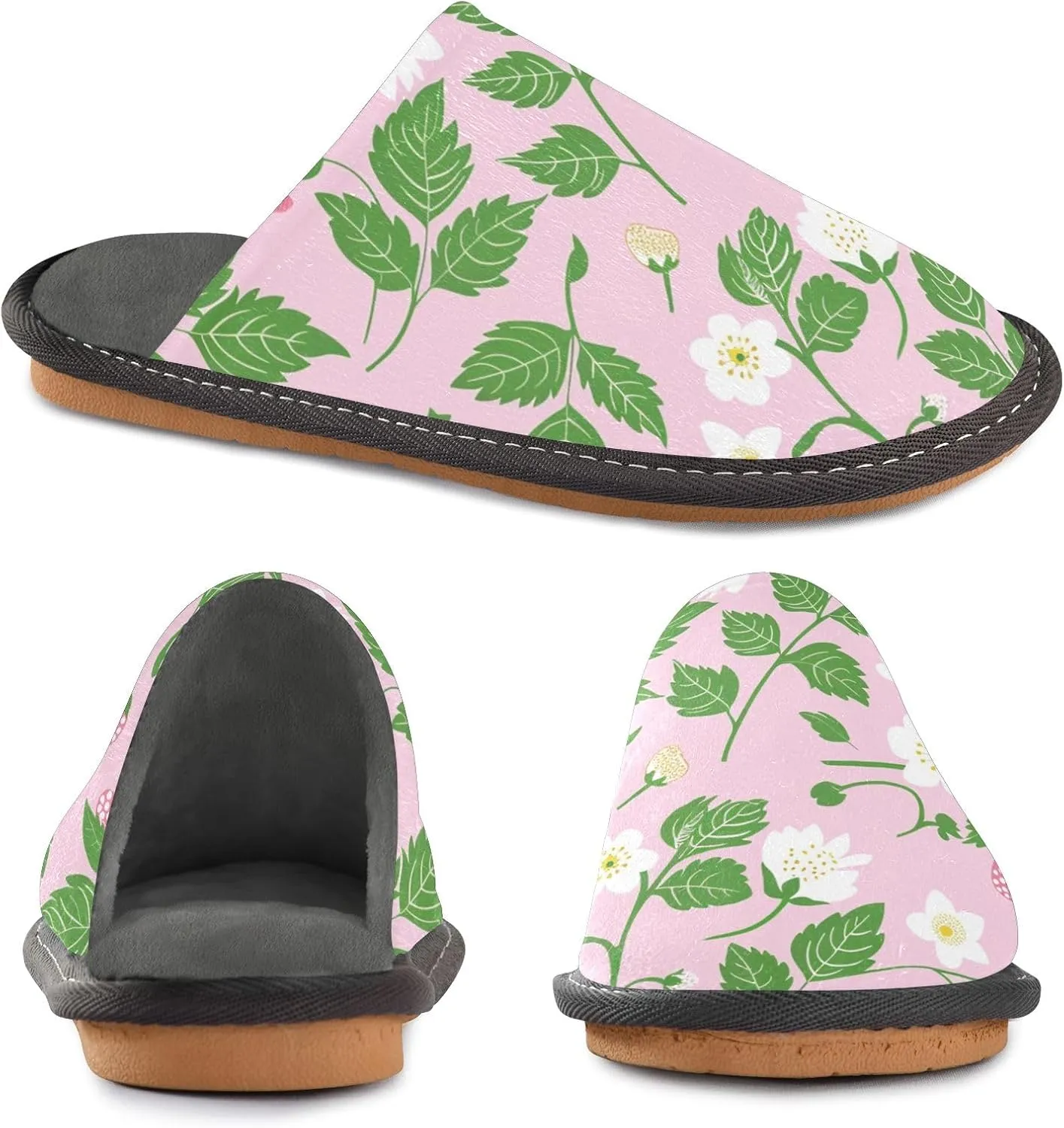 White Flower Green Leaf House Slippers, Non Slip Slippers for Women Men Warm Slippers House Shoes Indoor Outdoor Slippers