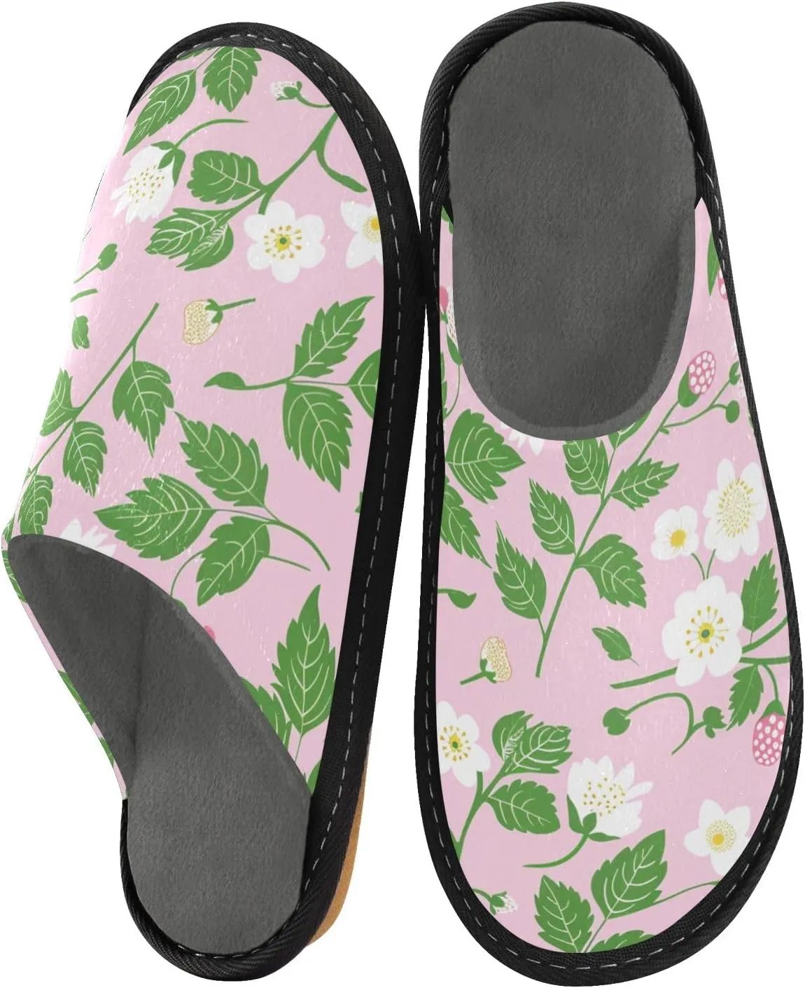 White Flower Green Leaf House Slippers, Non Slip Slippers for Women Men Warm Slippers House Shoes Indoor Outdoor Slippers