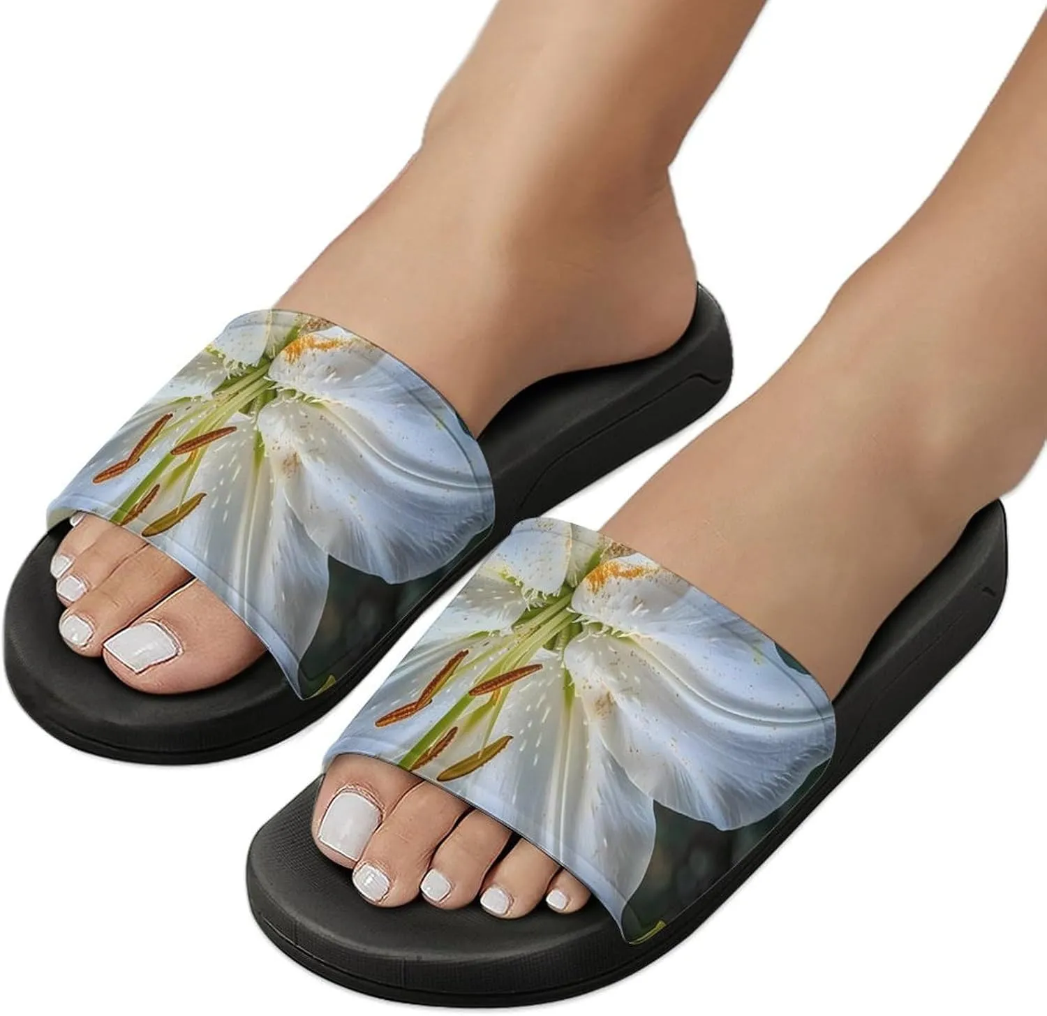 White Lily Blooming Flowers Slippers for Women Men Anti-Slip Shower Slides Open Toe Slippers for Home Outdoor Beach