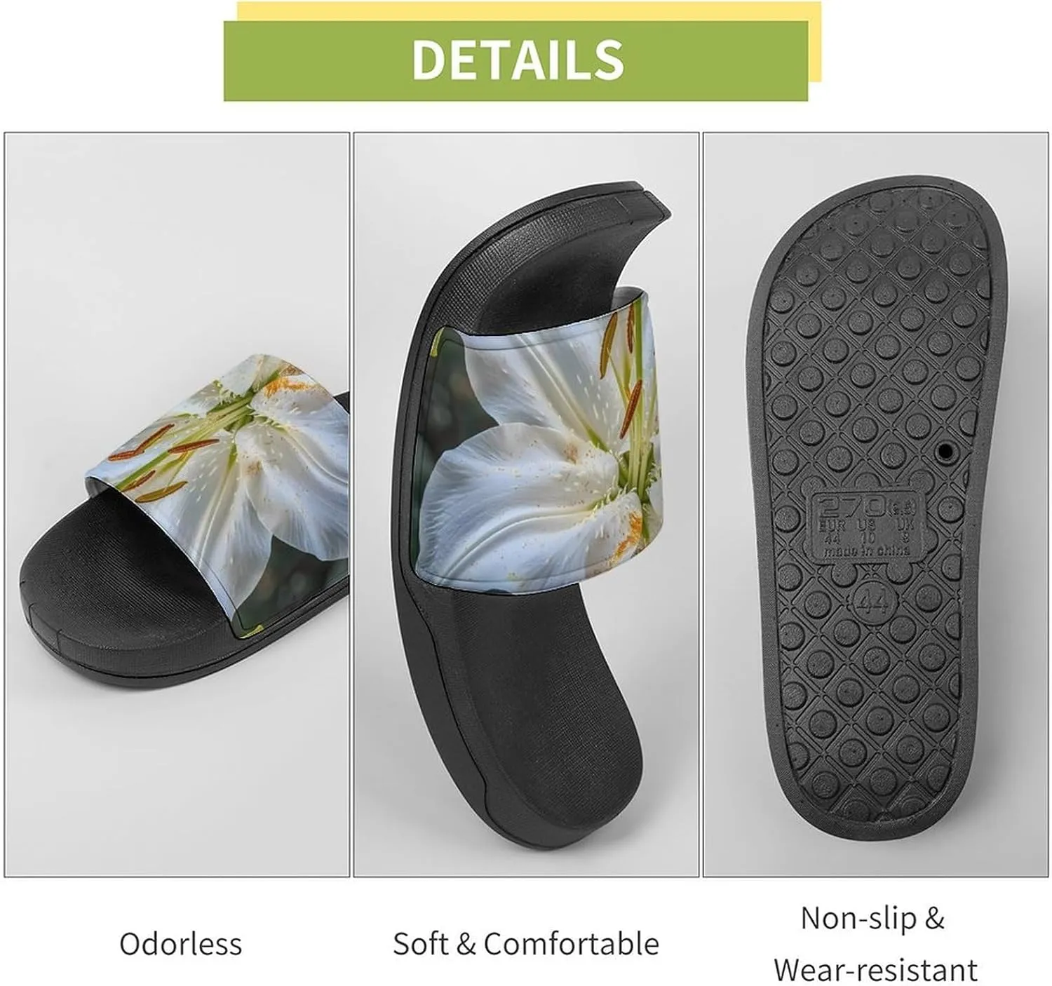 White Lily Blooming Flowers Slippers for Women Men Anti-Slip Shower Slides Open Toe Slippers for Home Outdoor Beach