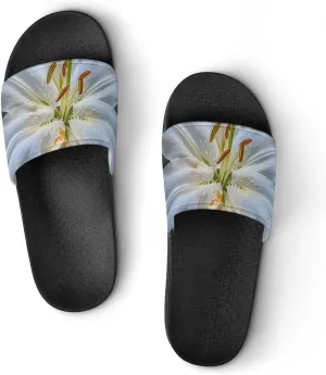 White Lily Blooming Flowers Slippers for Women Men Anti-Slip Shower Slides Open Toe Slippers for Home Outdoor Beach