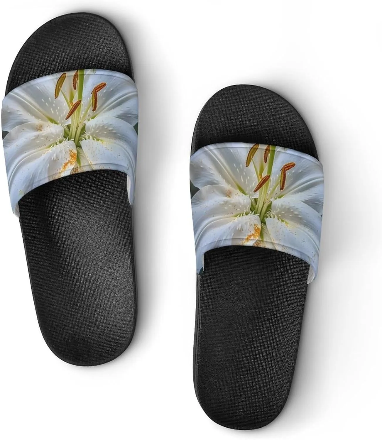 White Lily Blooming Flowers Slippers for Women Men Anti-Slip Shower Slides Open Toe Slippers for Home Outdoor Beach