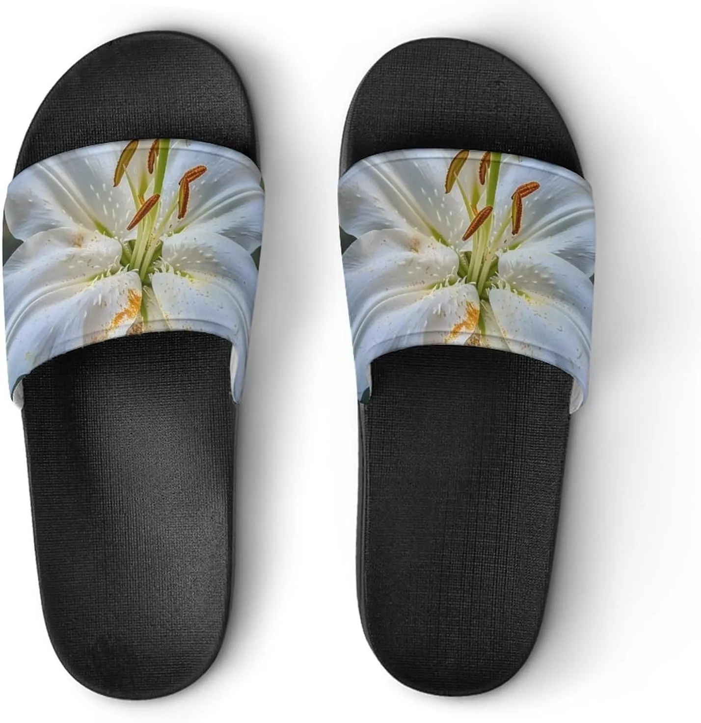 White Lily Blooming Flowers Slippers for Women Men Anti-Slip Shower Slides Open Toe Slippers for Home Outdoor Beach