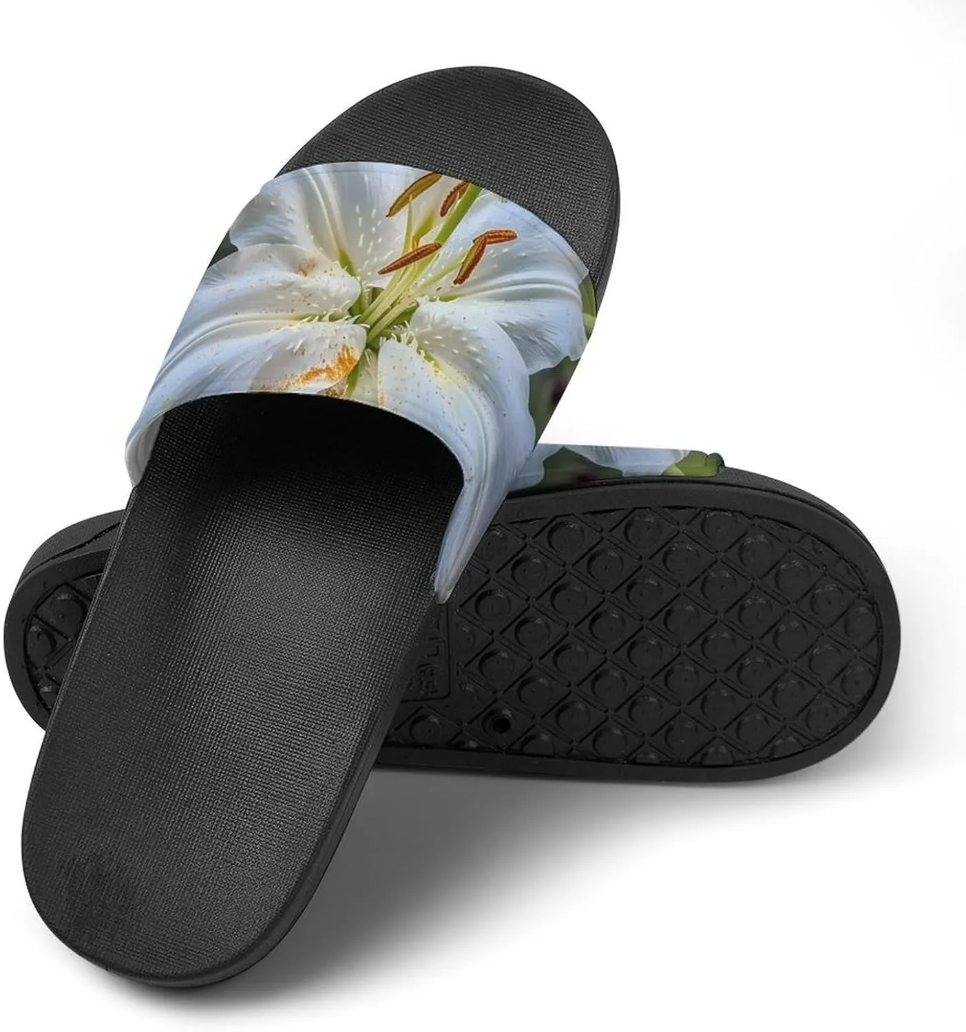 White Lily Blooming Flowers Slippers for Women Men Anti-Slip Shower Slides Open Toe Slippers for Home Outdoor Beach