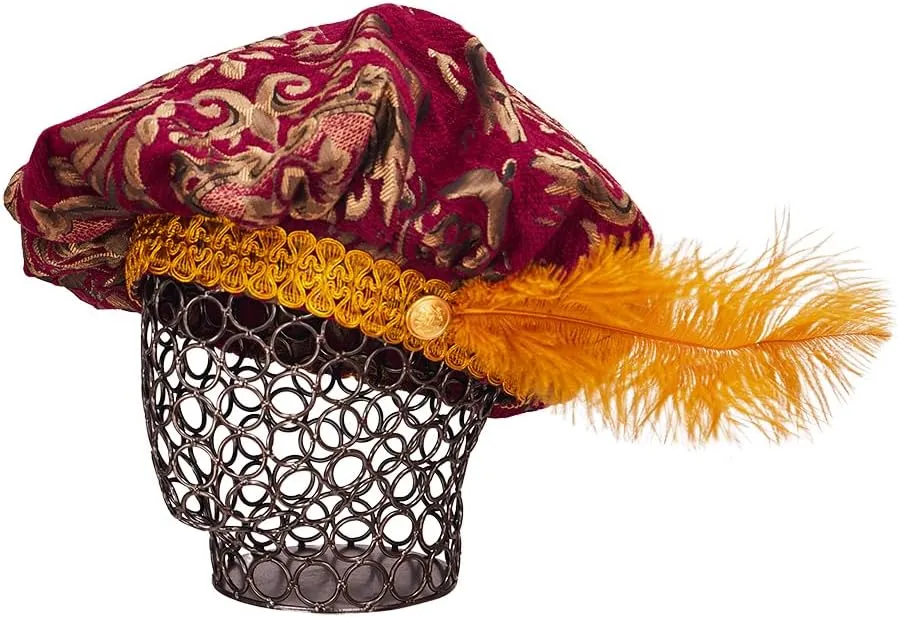 Willyacos Mens Medieval Tudor Hat with Feather Muffin Top Hat Renaissance Tudor Flat Cap Minstrel Costume Headwear Headpiece