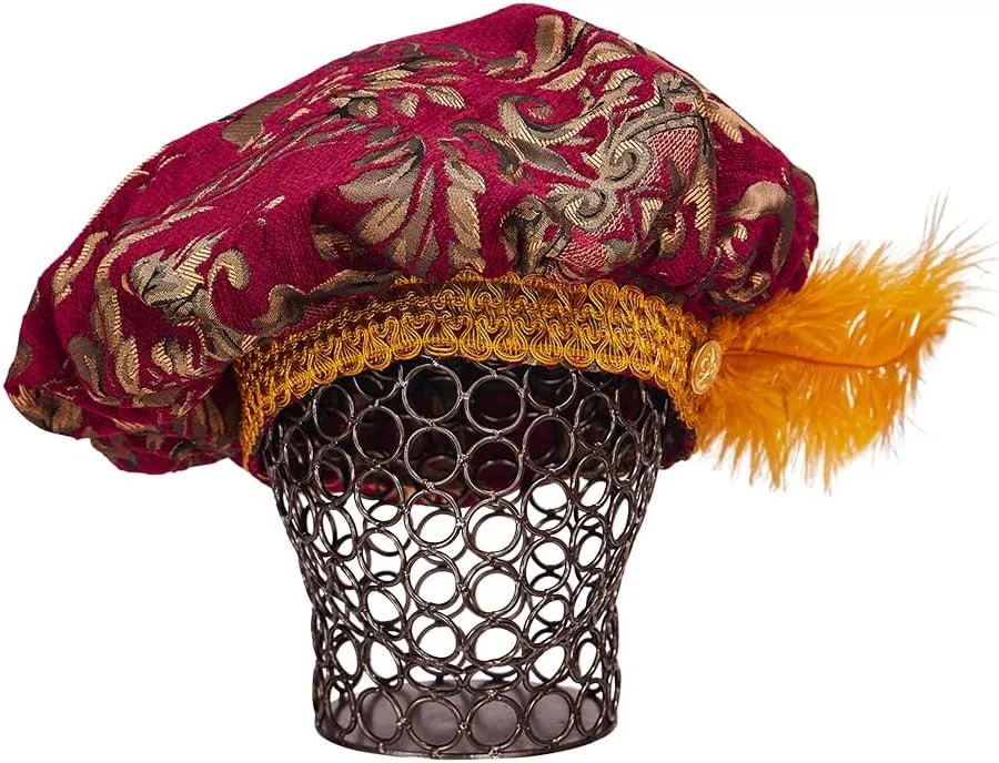 Willyacos Mens Medieval Tudor Hat with Feather Muffin Top Hat Renaissance Tudor Flat Cap Minstrel Costume Headwear Headpiece