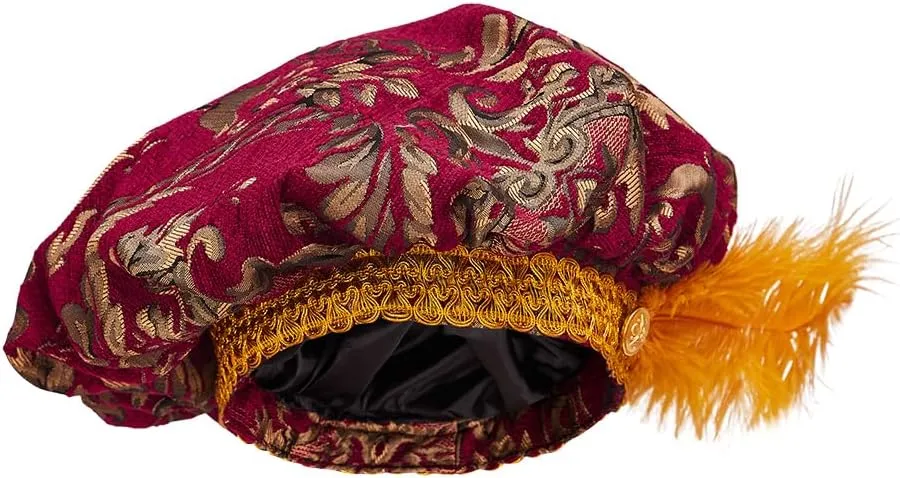 Willyacos Mens Medieval Tudor Hat with Feather Muffin Top Hat Renaissance Tudor Flat Cap Minstrel Costume Headwear Headpiece