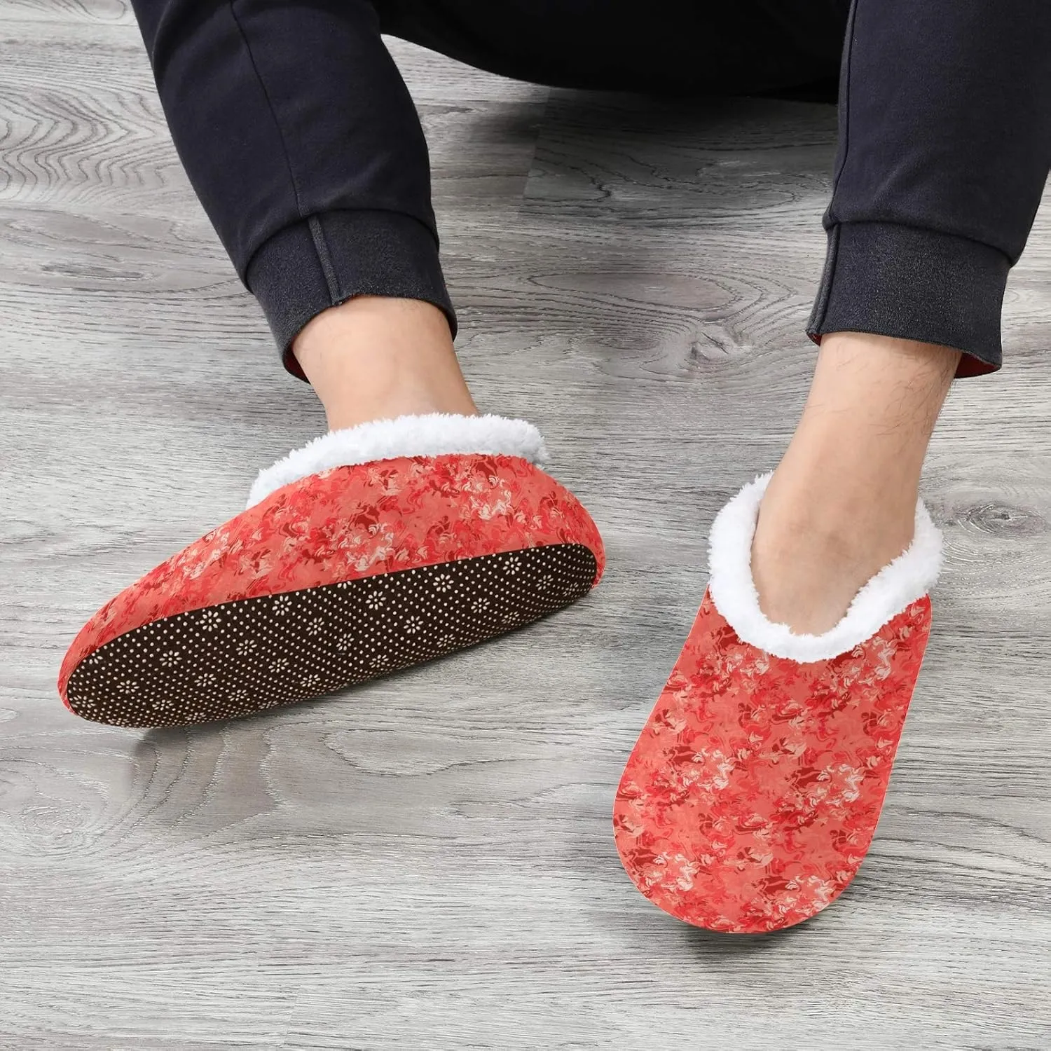 Winter House Slippers for Women/Men with Red Flower Background Element Cozy Fleece Slippers