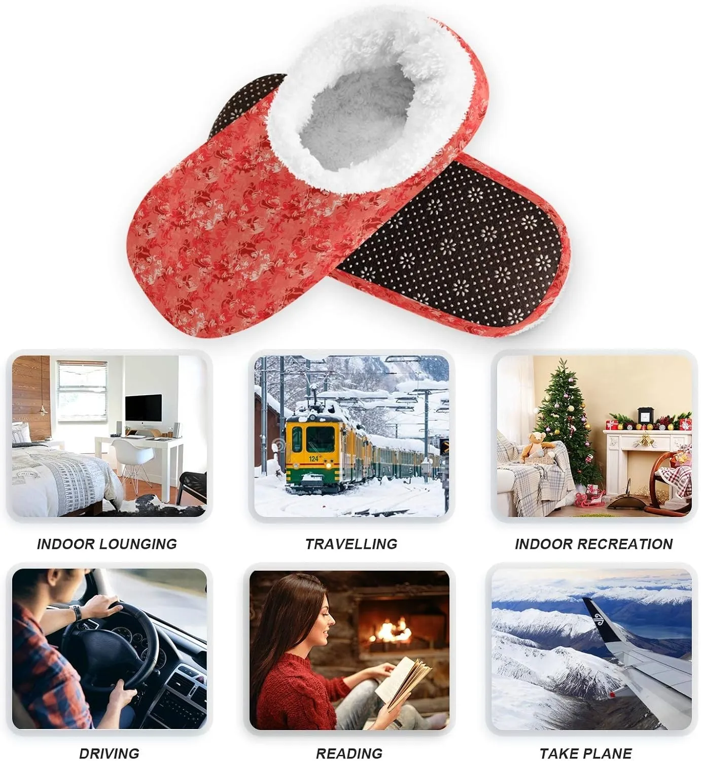 Winter House Slippers for Women/Men with Red Flower Background Element Cozy Fleece Slippers
