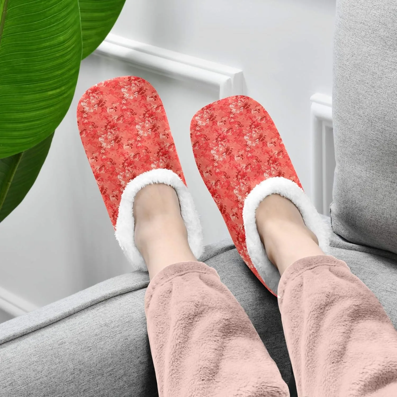 Winter House Slippers for Women/Men with Red Flower Background Element Cozy Fleece Slippers