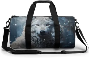 Wolf Sitting in The Snow Cylindrical Gym Bag Travel Duffel Bag with Dry Wet Separated Pocket for Men And Women Overnight Bag Weekender Bag Training Handbag Yoga Bag