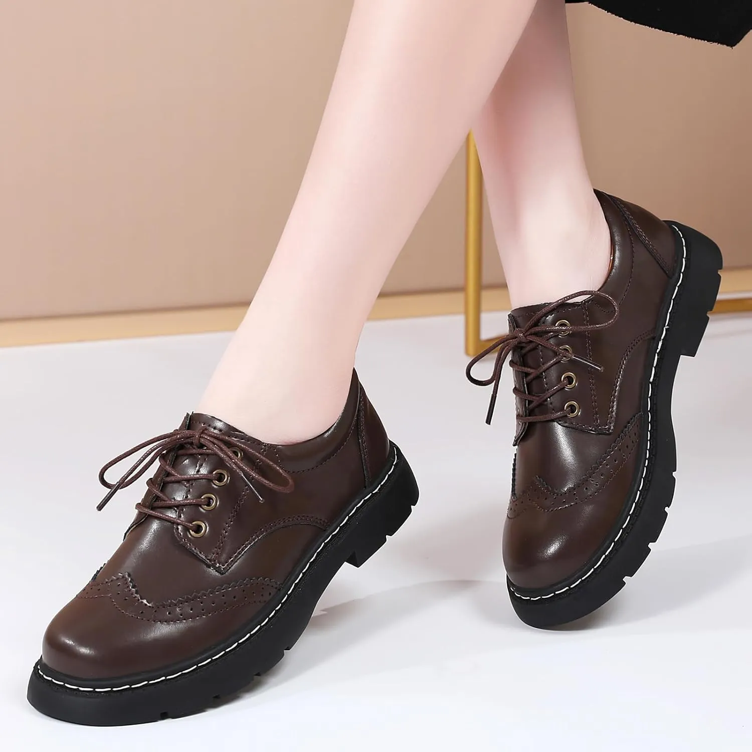 Women Oxford Shoes, Lace Up,Slip Resistant,Brogue Style,Platform Casual Comfort Work Office Dressy Business Shoes for Girls Ladies Women