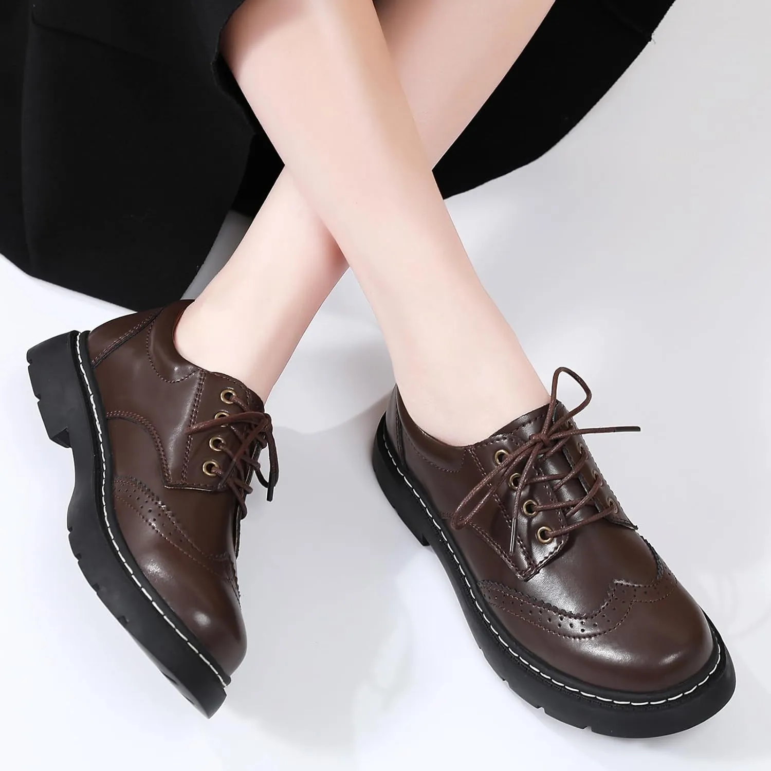 Women Oxford Shoes, Lace Up,Slip Resistant,Brogue Style,Platform Casual Comfort Work Office Dressy Business Shoes for Girls Ladies Women
