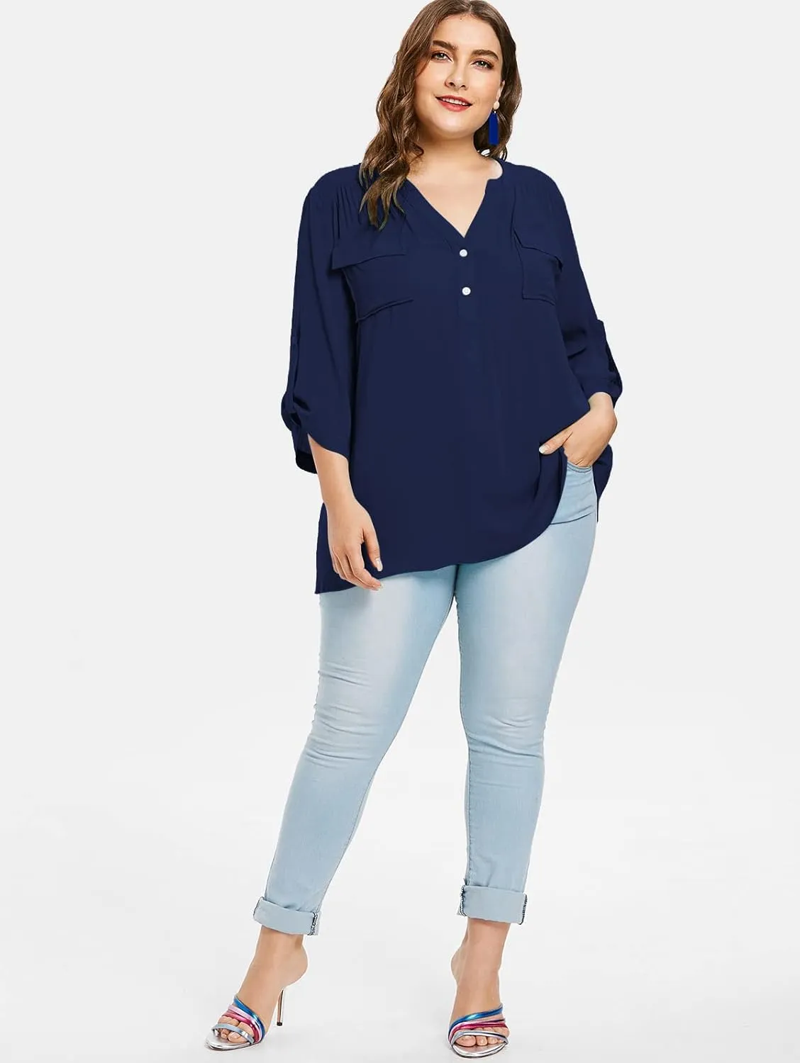 Women Plus Size Tops V Neck Button Up Tunic Tops Casual Long Roll Tab Sleeves Blouses Shirts with Pockets