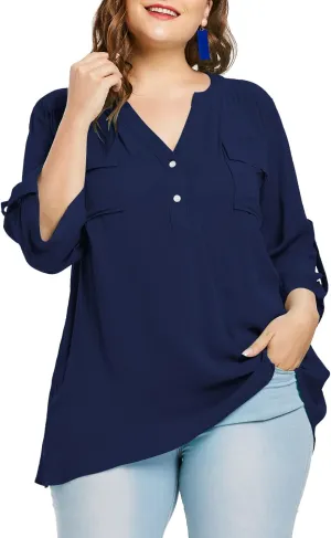 Women Plus Size Tops V Neck Button Up Tunic Tops Casual Long Roll Tab Sleeves Blouses Shirts with Pockets
