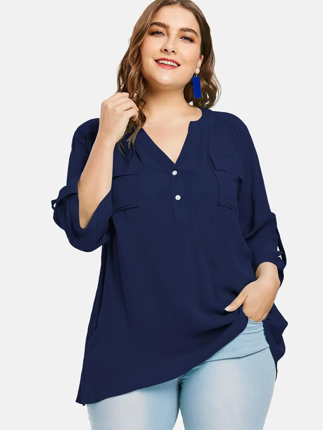 Women Plus Size Tops V Neck Button Up Tunic Tops Casual Long Roll Tab Sleeves Blouses Shirts with Pockets