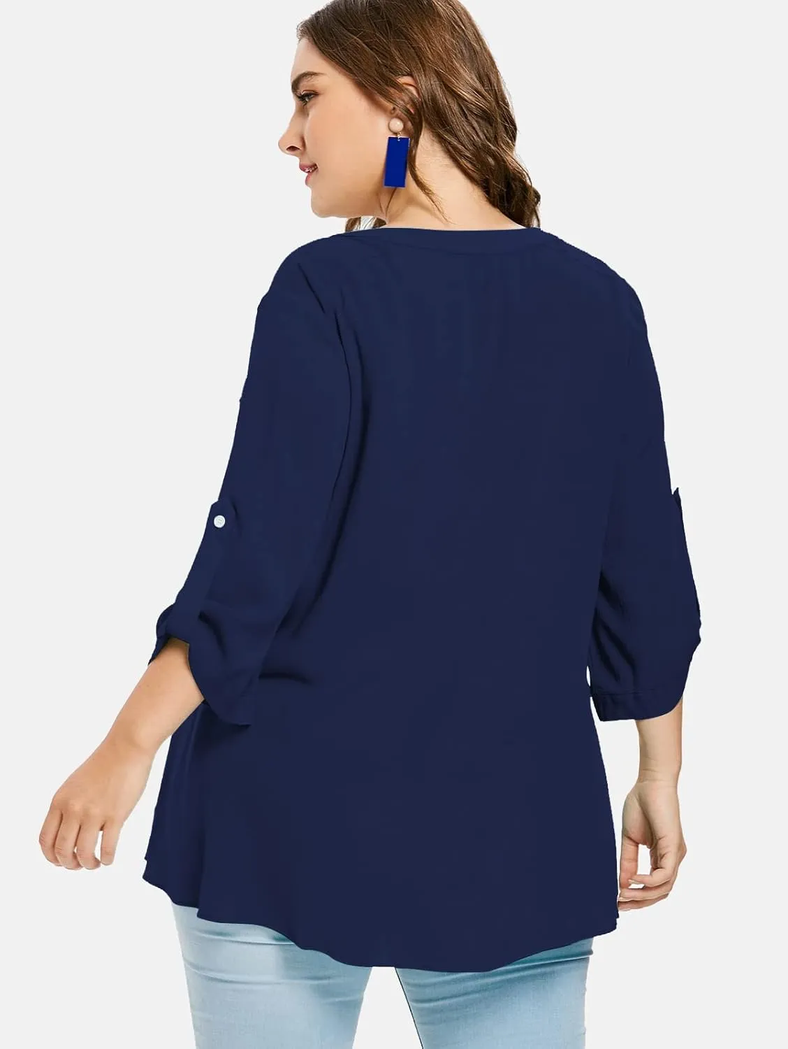 Women Plus Size Tops V Neck Button Up Tunic Tops Casual Long Roll Tab Sleeves Blouses Shirts with Pockets