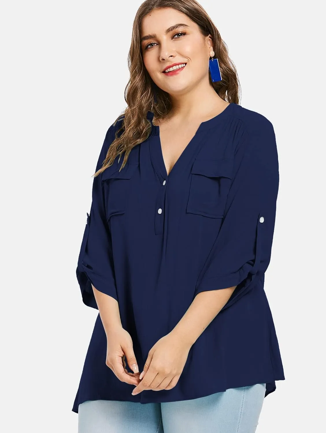 Women Plus Size Tops V Neck Button Up Tunic Tops Casual Long Roll Tab Sleeves Blouses Shirts with Pockets