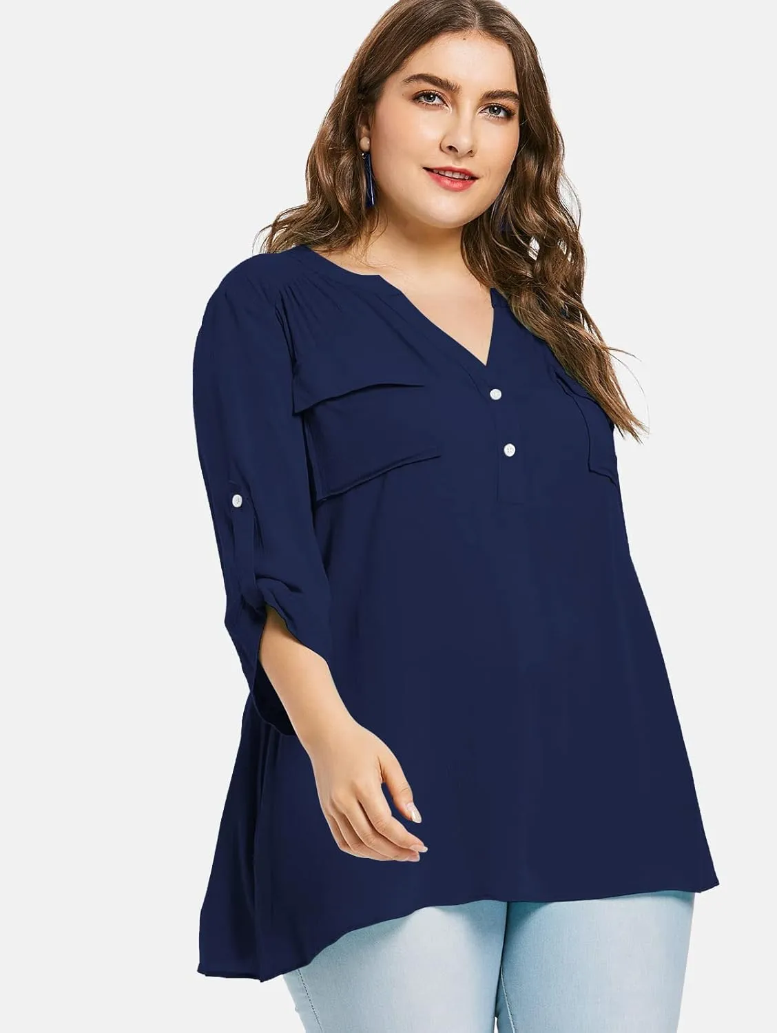 Women Plus Size Tops V Neck Button Up Tunic Tops Casual Long Roll Tab Sleeves Blouses Shirts with Pockets
