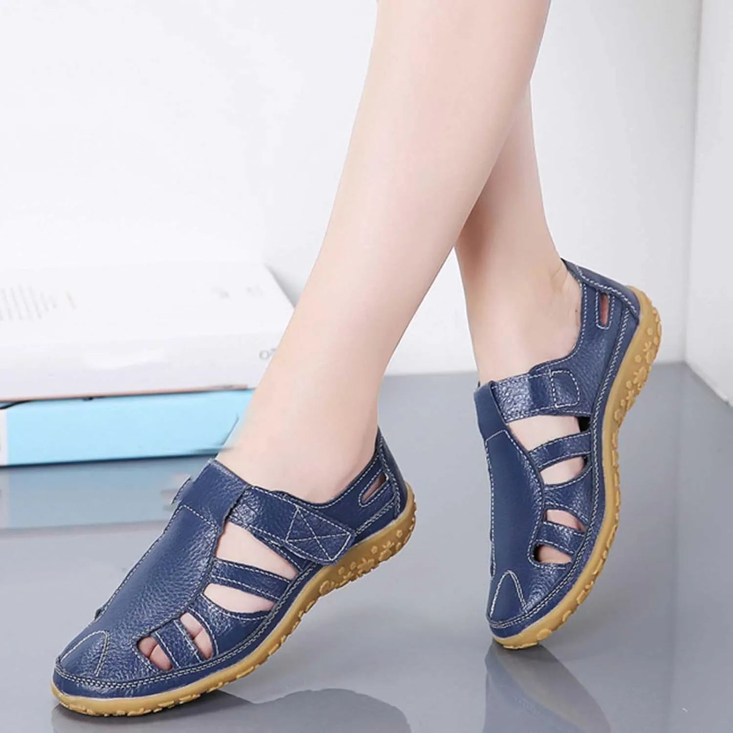 Women Summer Hollow Out Flat Sandals with Closed Toe Casual Slip-On Work Shoes Soft Dressy Footwear Sandal