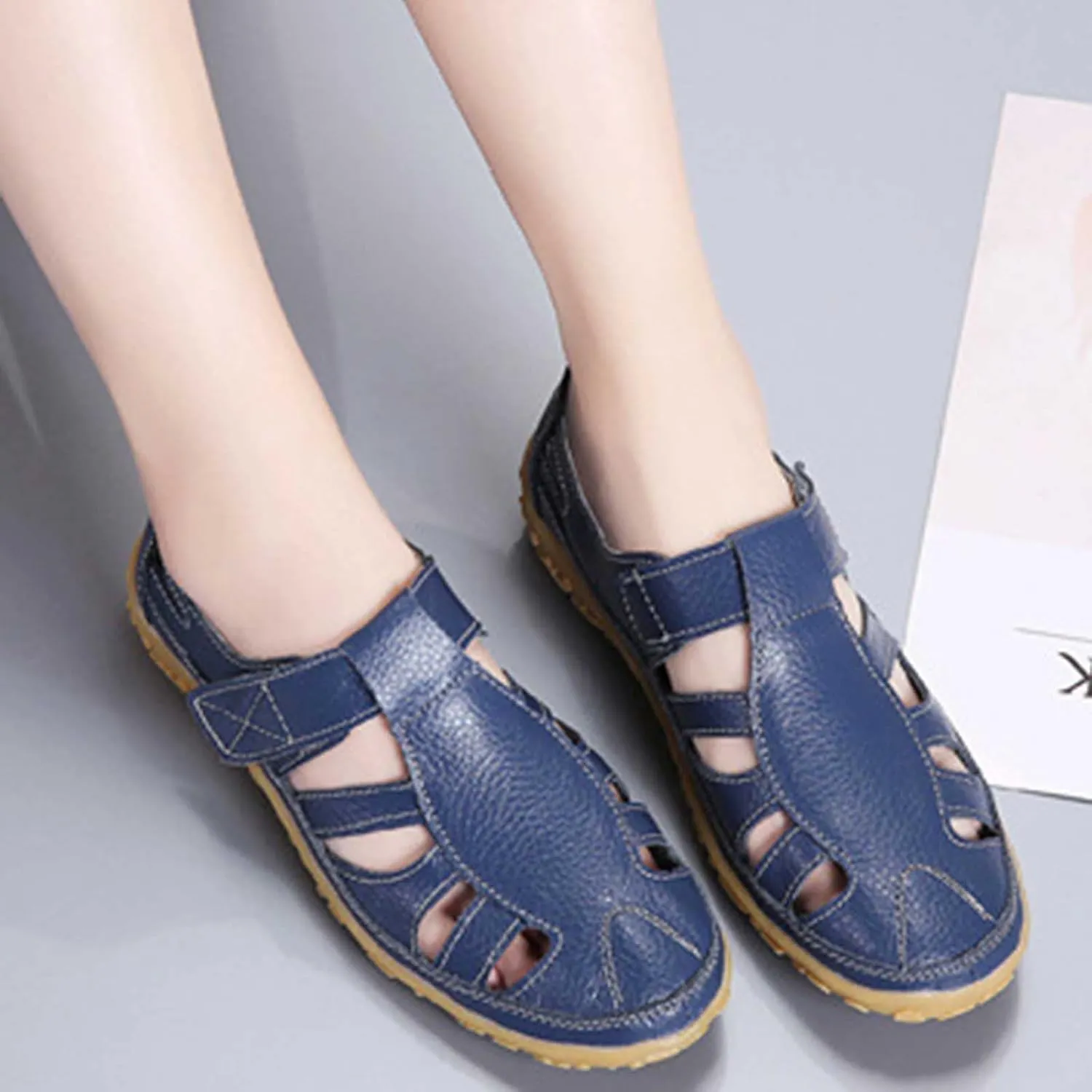 Women Summer Hollow Out Flat Sandals with Closed Toe Casual Slip-On Work Shoes Soft Dressy Footwear Sandal