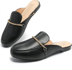 Women's Black Mules: Round Toe, Backless, Slides, Comfortable, Metal Buckle
