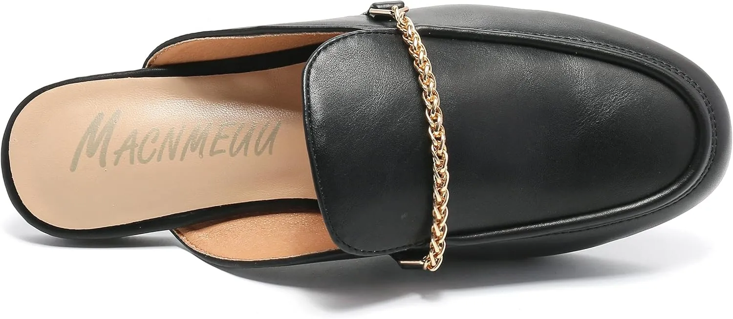 Women's Black Mules: Round Toe, Backless, Slides, Comfortable, Metal Buckle