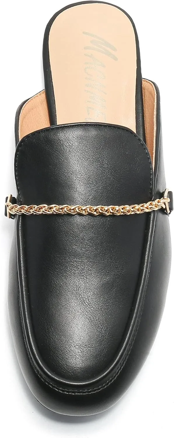 Women's Black Mules: Round Toe, Backless, Slides, Comfortable, Metal Buckle
