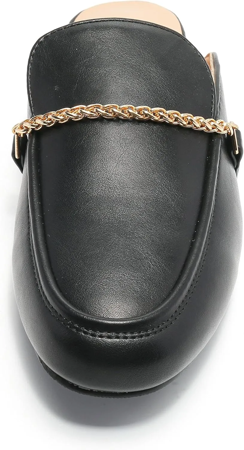 Women's Black Mules: Round Toe, Backless, Slides, Comfortable, Metal Buckle