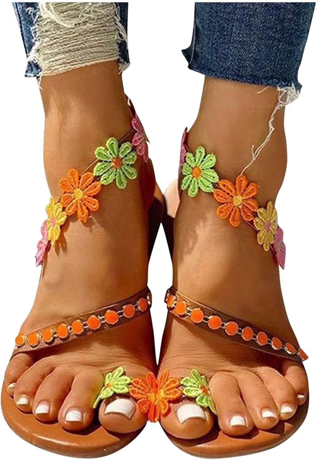 Women's Casual Clip Toe Flats Embroidered Floral Sandal with Ankle Strap Comfortable Boho Sandals for Summer Beach