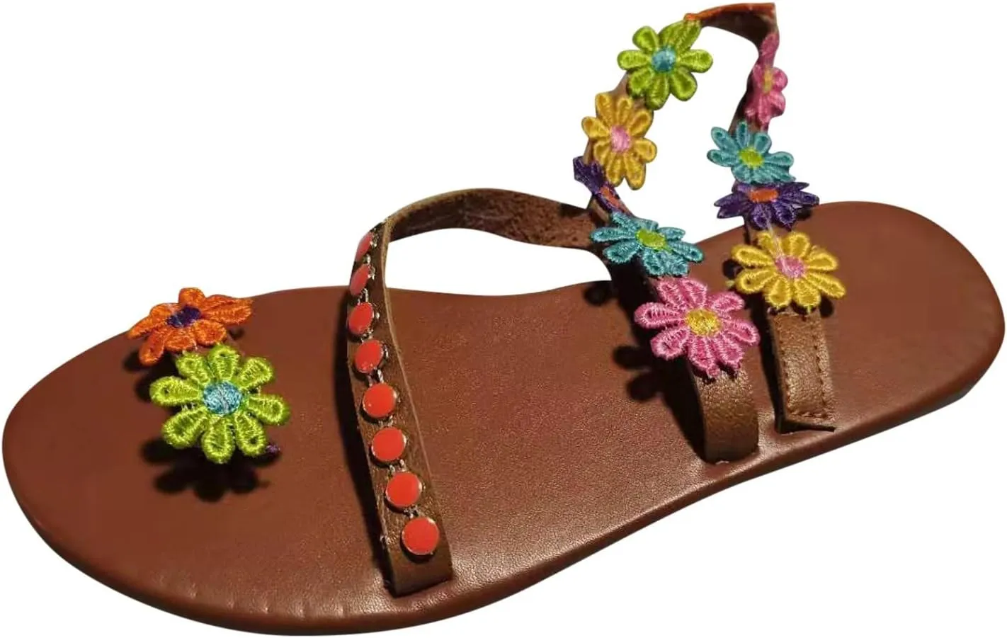 Women's Casual Clip Toe Flats Embroidered Floral Sandal with Ankle Strap Comfortable Boho Sandals for Summer Beach