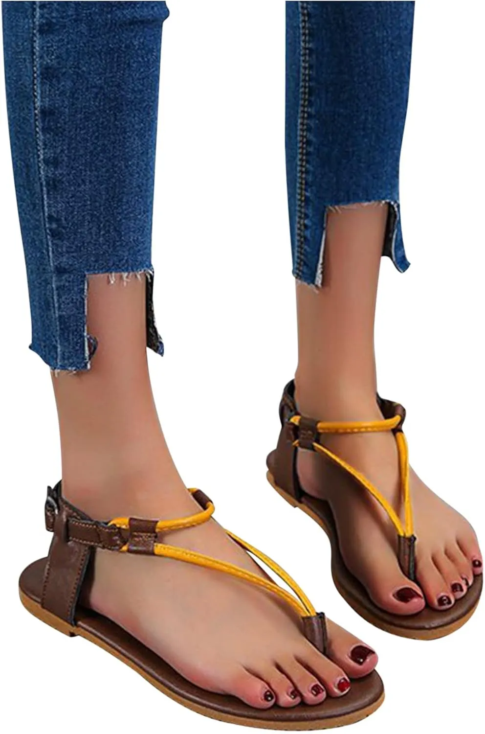 Women’s Classic Retro T-Strap Sandals Summer Beach Thong Flats with Adjustable Buckle Casual Soft Dressy Sandal