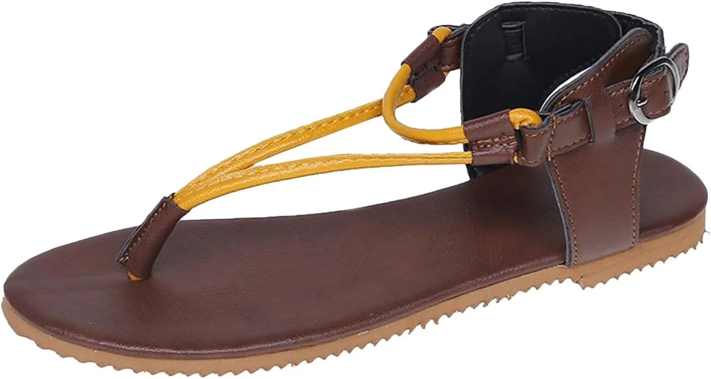 Women’s Classic Retro T-Strap Sandals Summer Beach Thong Flats with Adjustable Buckle Casual Soft Dressy Sandal