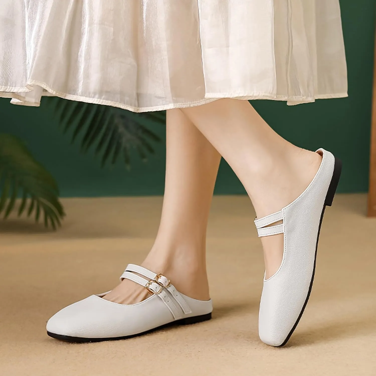 Women's Closed Toe Slip-on Mules Shoes,Comfort Backless Mary Jane Shoes Double Buckle Breathable Slingback Walking Flat Slide Sandals