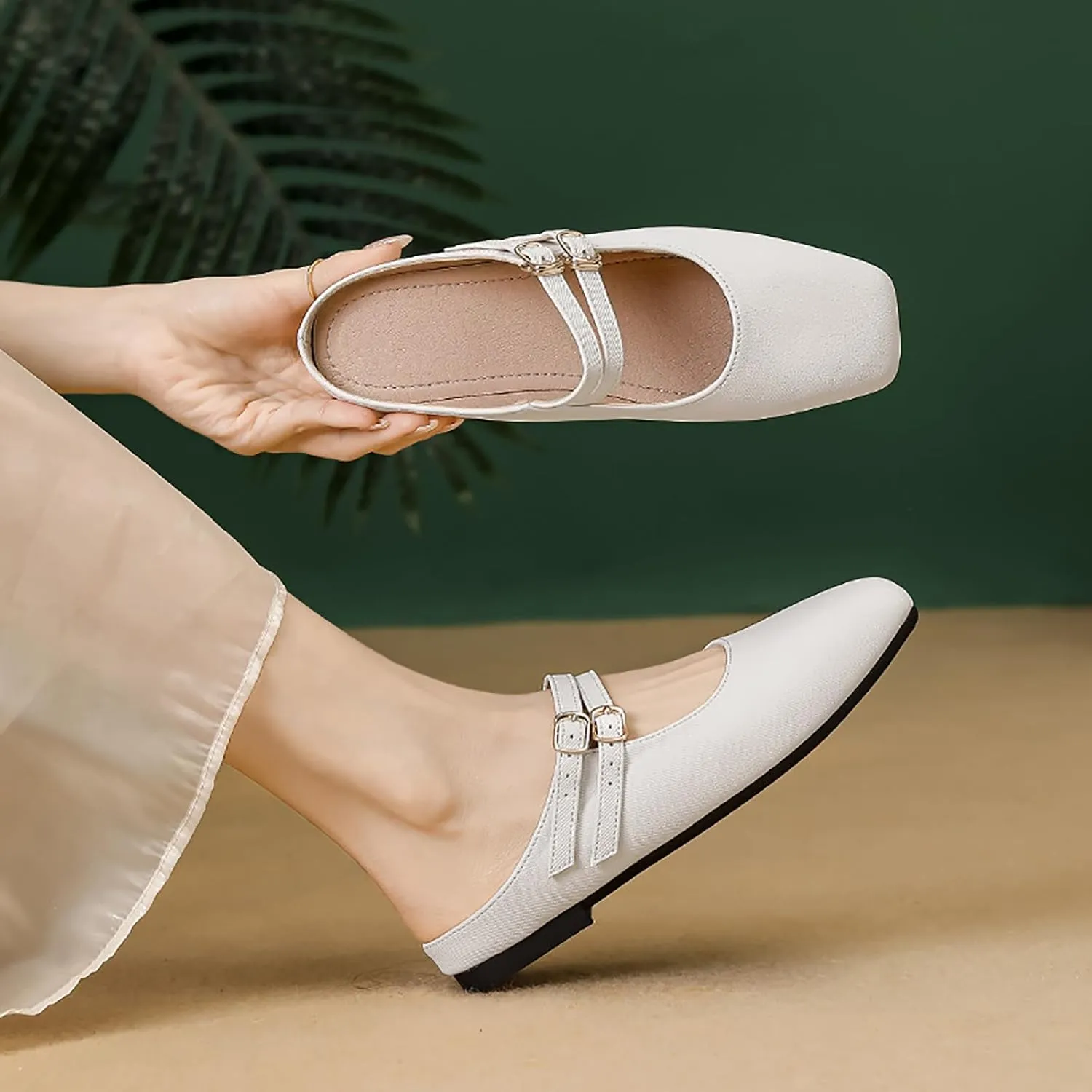 Women's Closed Toe Slip-on Mules Shoes,Comfort Backless Mary Jane Shoes Double Buckle Breathable Slingback Walking Flat Slide Sandals