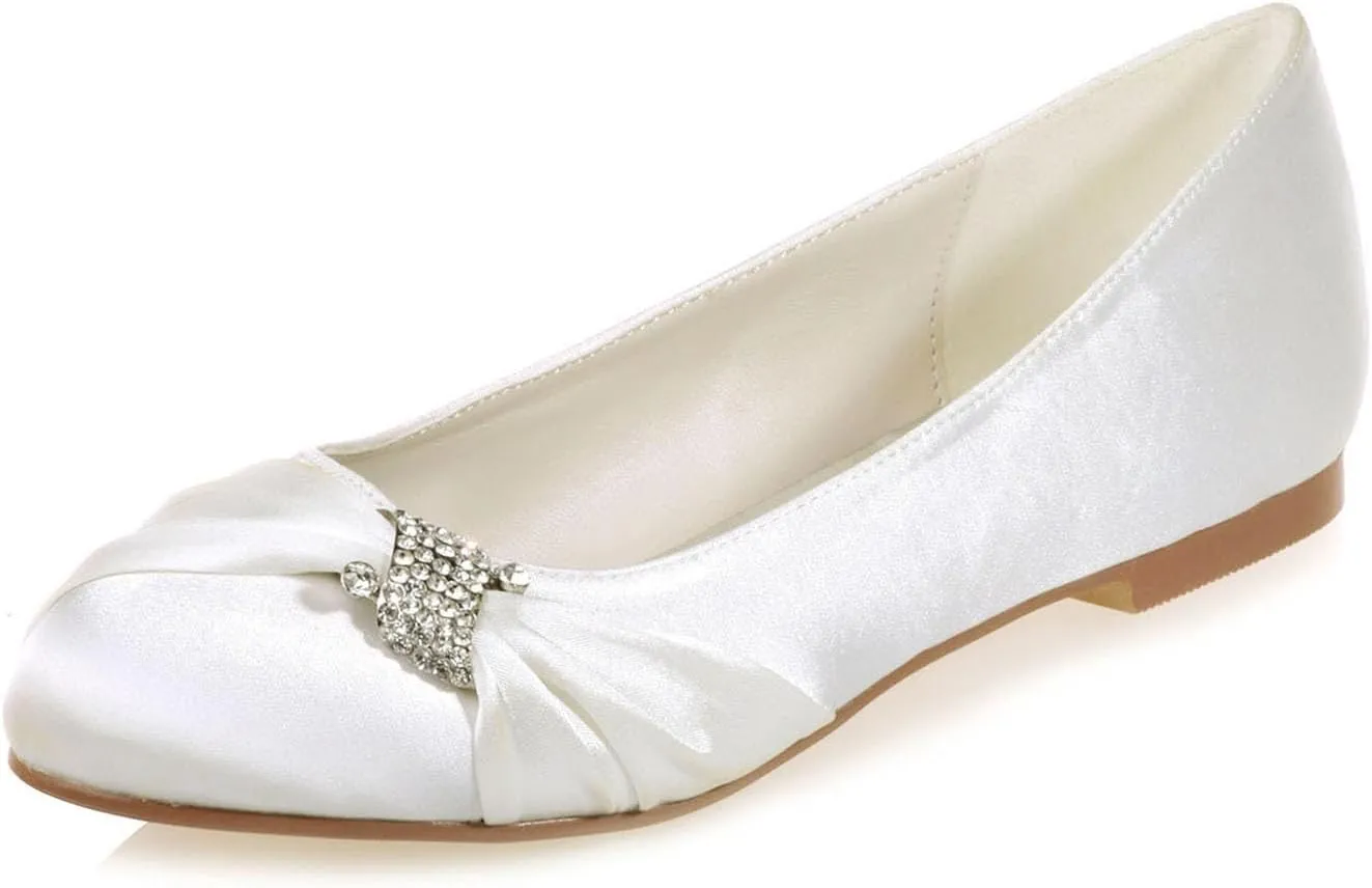 Women's Crystal Wedding Flats for Bride Comfortable Satin Wedding Shoes Low Heels Bridal Flats Evening Prom Party Dress Shoes Pumps