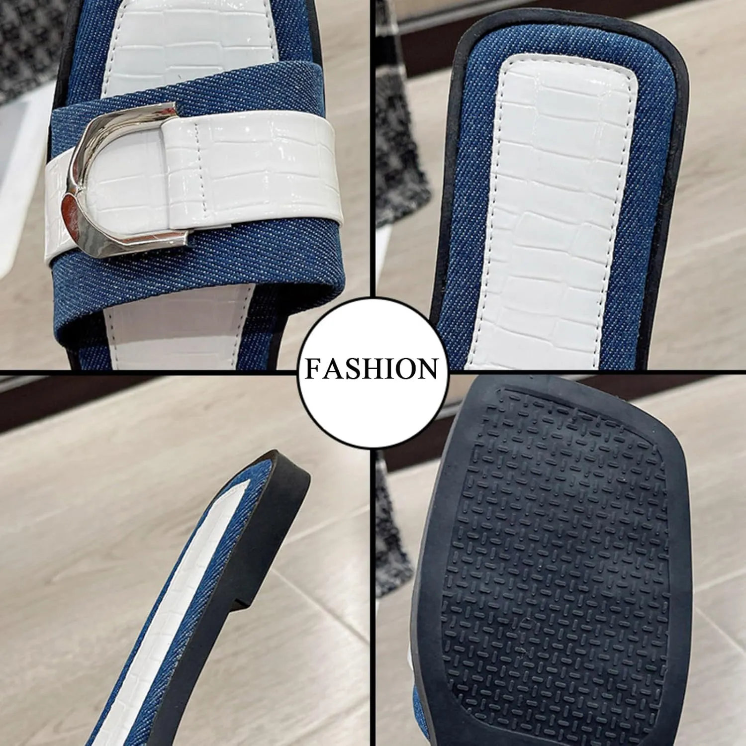 Women's Fashion Denim Flat Slide Sandals with Metal Buckle Decor Summer Square Open Toe Comfortable Slip-On Slides Beach Party Dress Slippers