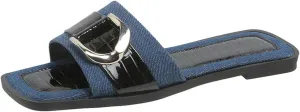 Women's Fashion Denim Flat Slide Sandals with Metal Buckle Decor Summer Square Open Toe Comfortable Slip-On Slides Beach Party Dress Slippers