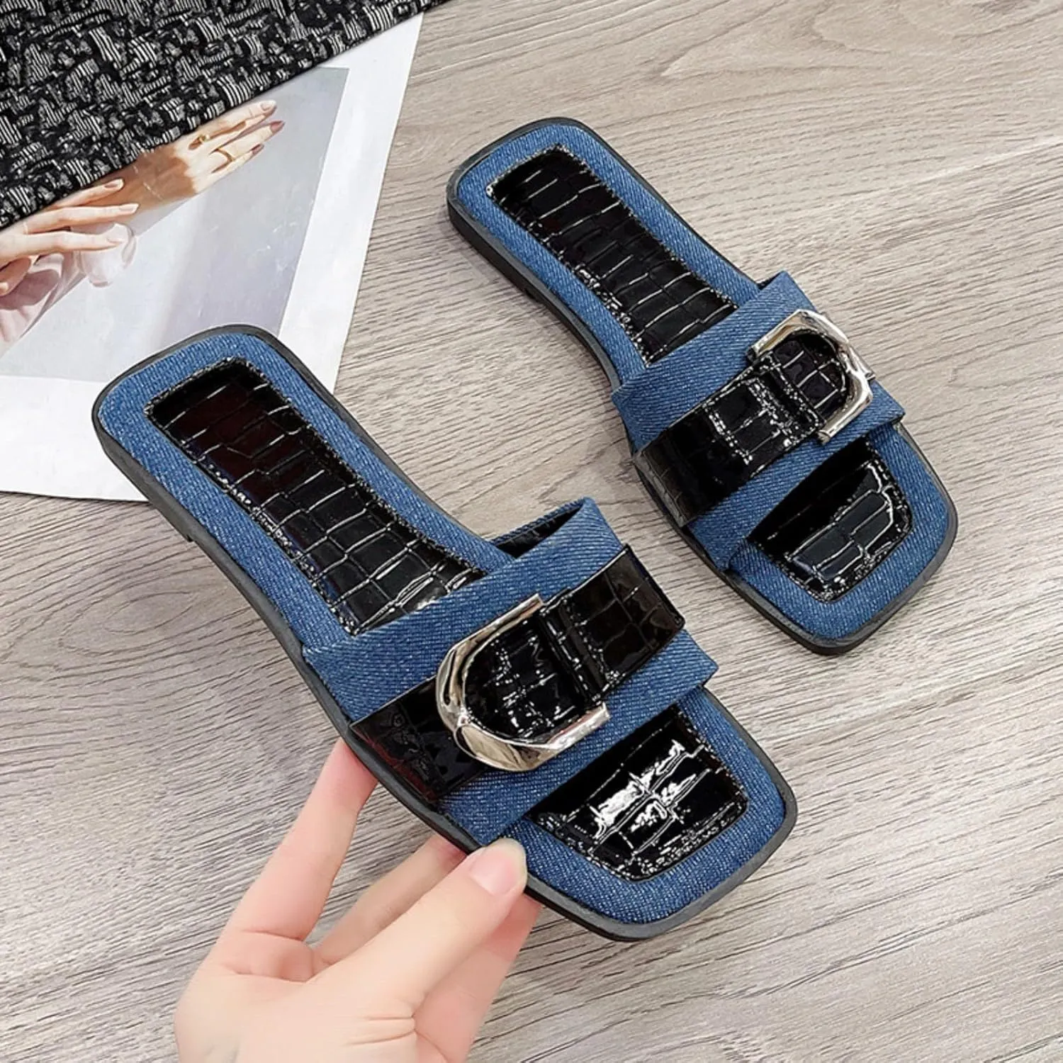 Women's Fashion Denim Flat Slide Sandals with Metal Buckle Decor Summer Square Open Toe Comfortable Slip-On Slides Beach Party Dress Slippers