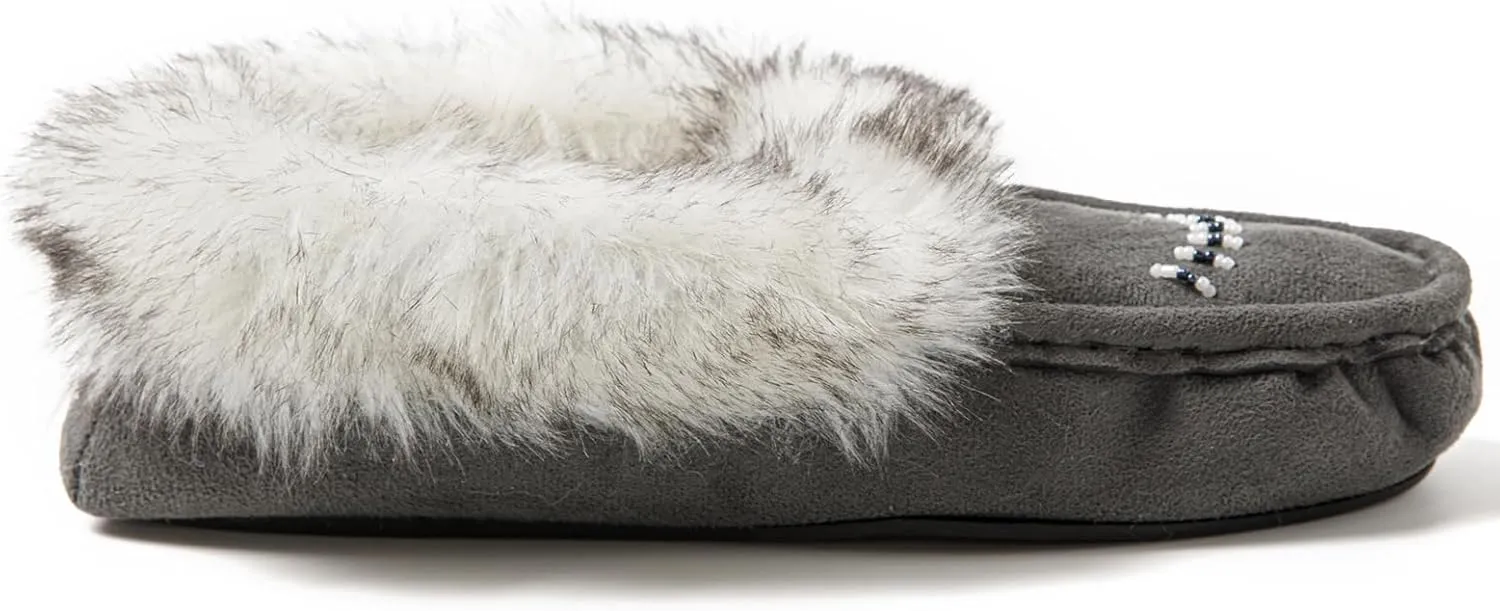 Women's Faux-Fur Beaded Vegan Moccasin Slipper Shoes