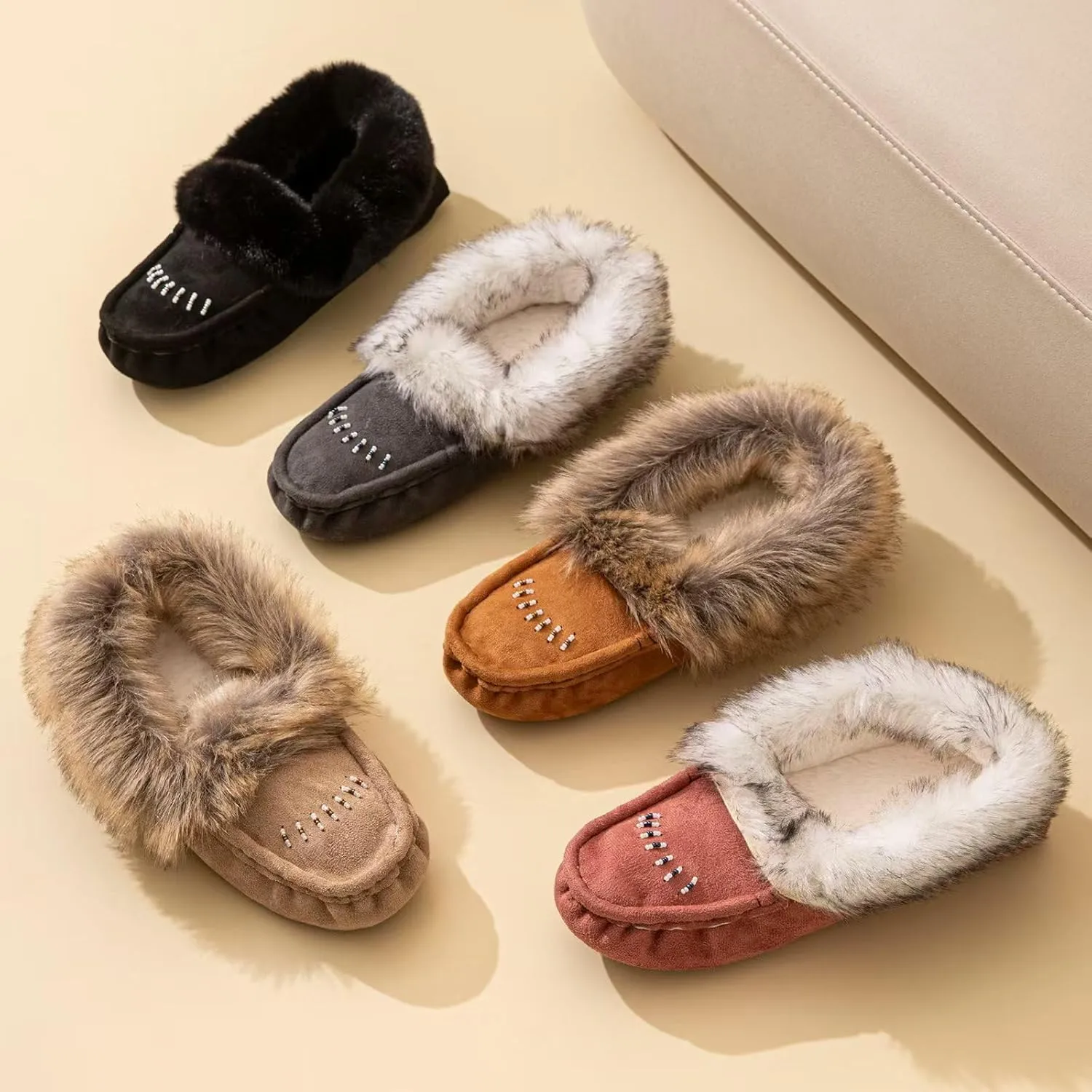 Women's Faux-Fur Beaded Vegan Moccasin Slipper Shoes