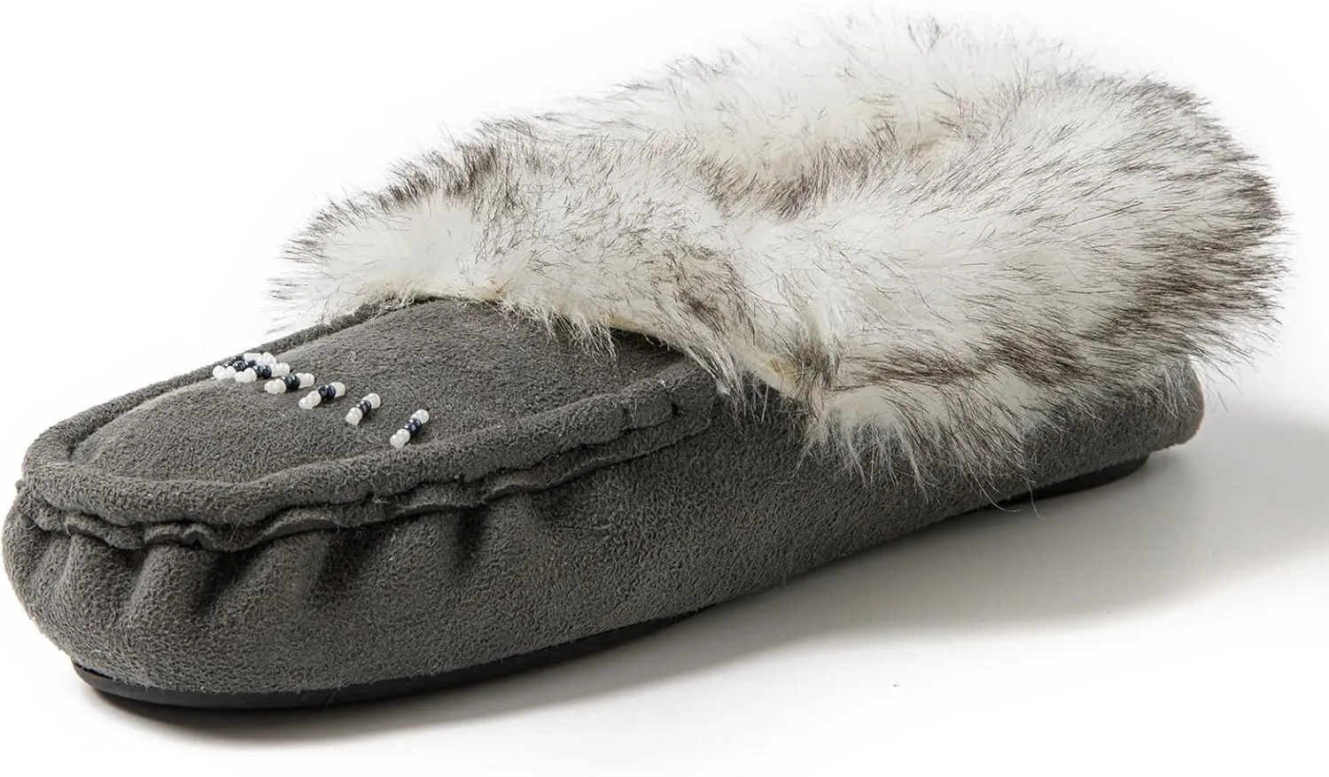 Women's Faux-Fur Beaded Vegan Moccasin Slipper Shoes