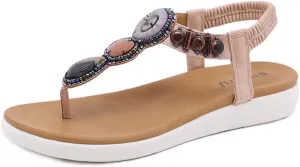Women's Flat Sandals Summer Bohemia Elastic Ankle T-Strap Thong Flip Flops Casual Comfortable Beach Sandal Shoes