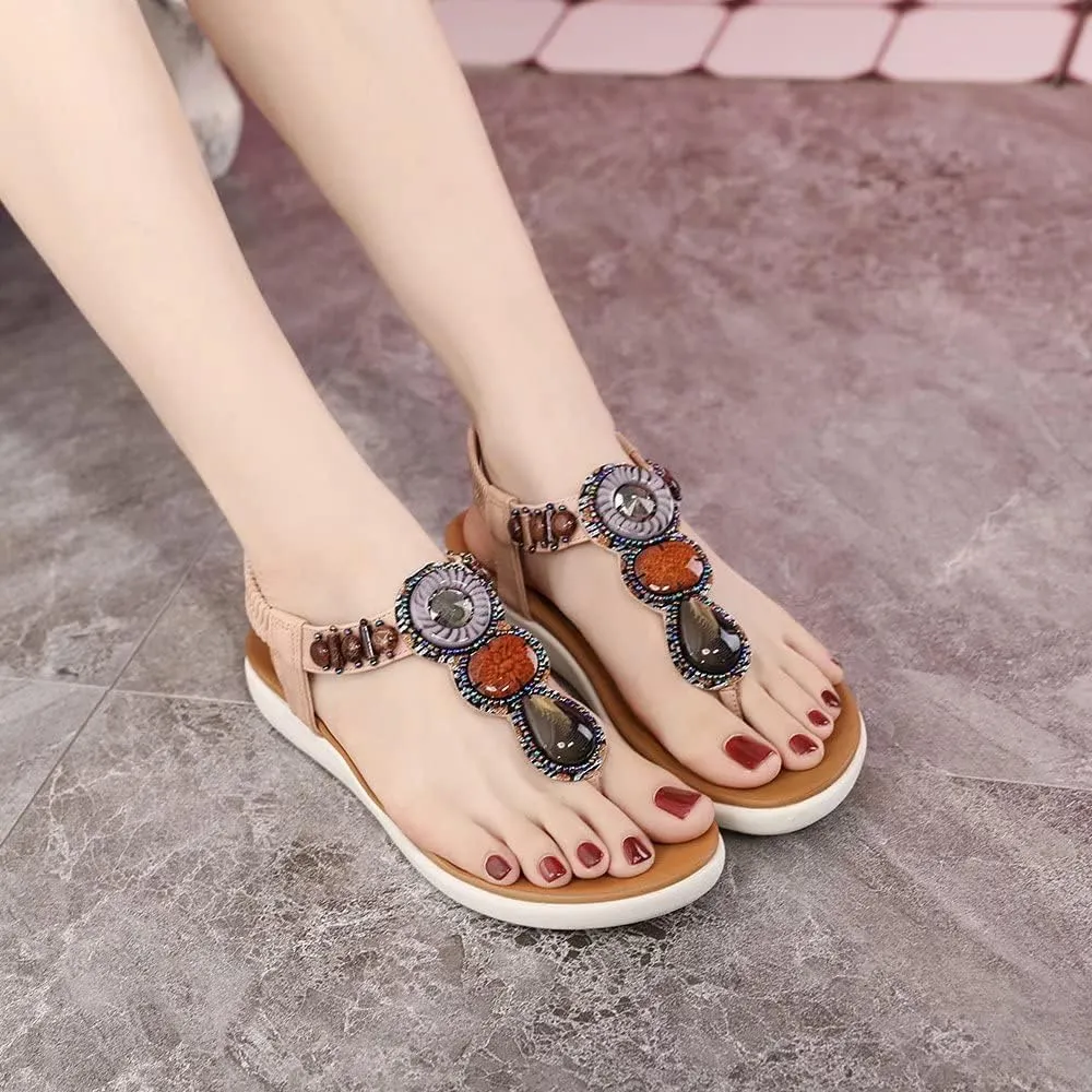 Women's Flat Sandals Summer Bohemia Elastic Ankle T-Strap Thong Flip Flops Casual Comfortable Beach Sandal Shoes