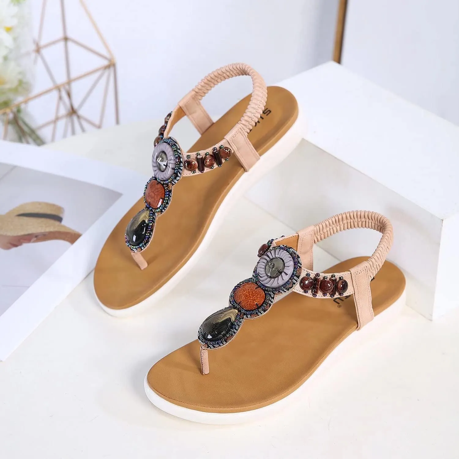 Women's Flat Sandals Summer Bohemia Elastic Ankle T-Strap Thong Flip Flops Casual Comfortable Beach Sandal Shoes