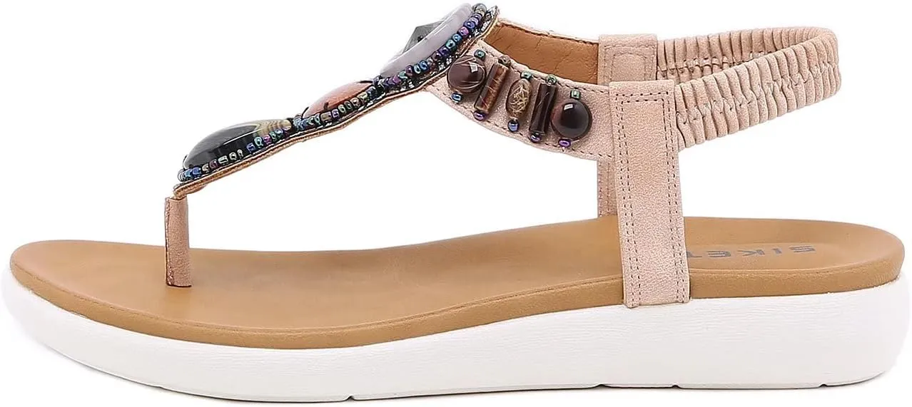Women's Flat Sandals Summer Bohemia Elastic Ankle T-Strap Thong Flip Flops Casual Comfortable Beach Sandal Shoes