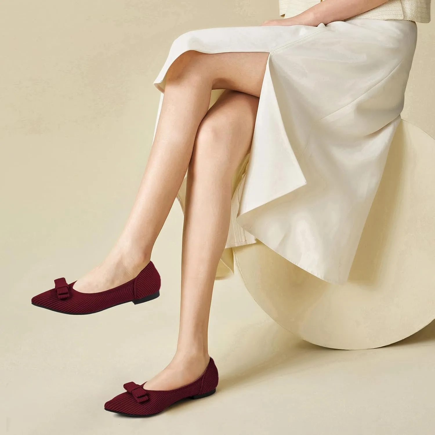 Women's Flats Pointed Toe Ballet Shoes with Bow Comfortable Knit Dressy Flat